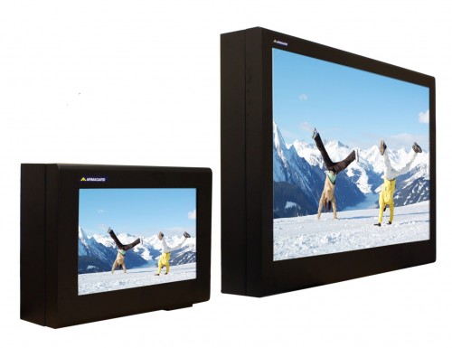 large and small lcd enclosures with screens showing people in the snow